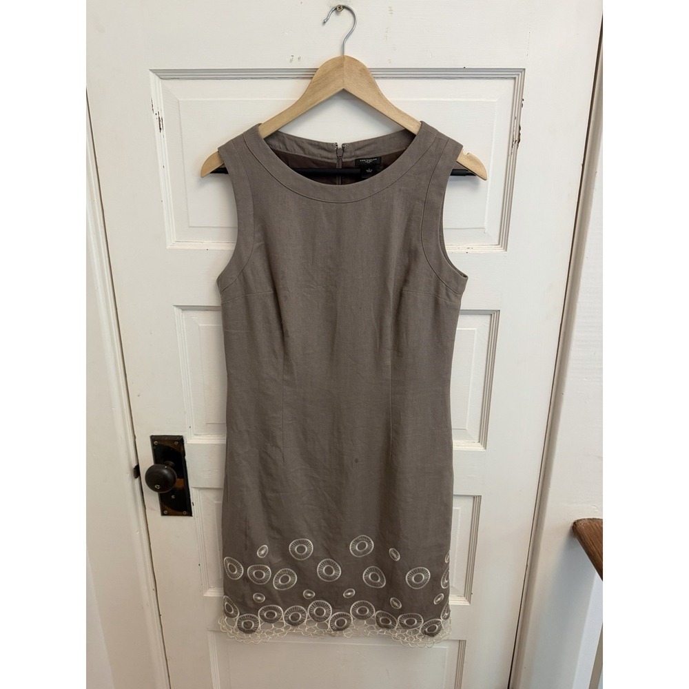 Ann Taylor Women's Brown Linen Embroidered Sleeveless Sheath Dress Size 4 $120